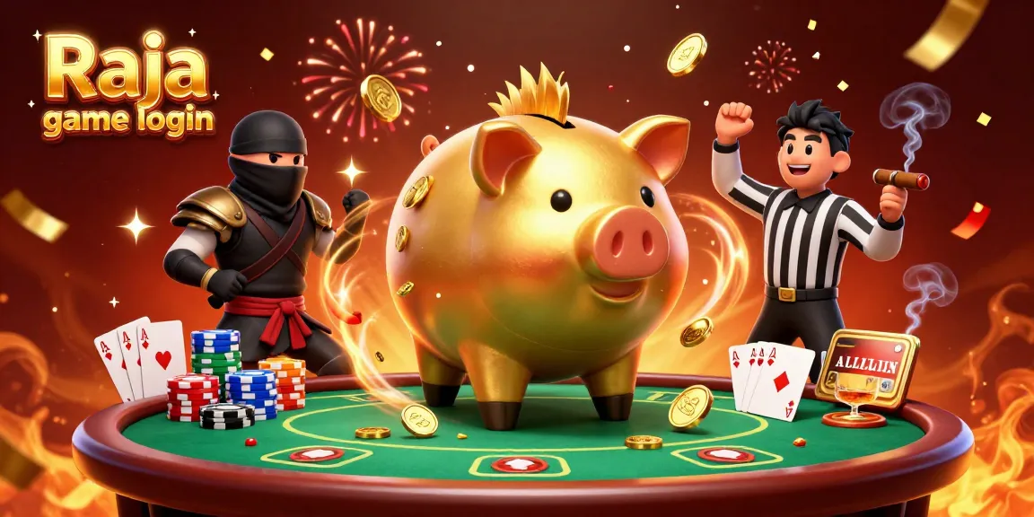 Engage with Raja game login as a golden piggy bank character dominates the casino scene.