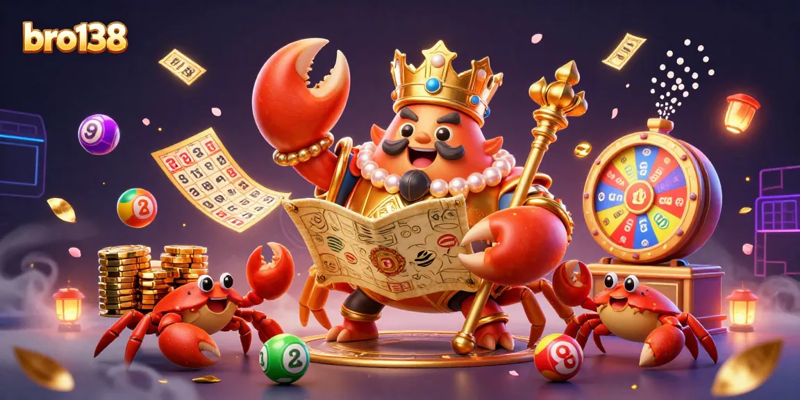 Experience exhilarating wins with bro138's vibrant casino action, featuring colorful lottery elements and a golden crab emperor.