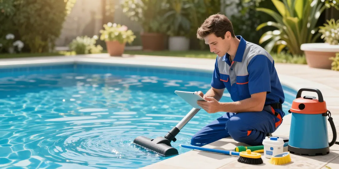 Professional performing servis bazenske tehnike, ensuring pool water quality and equipment maintenance.