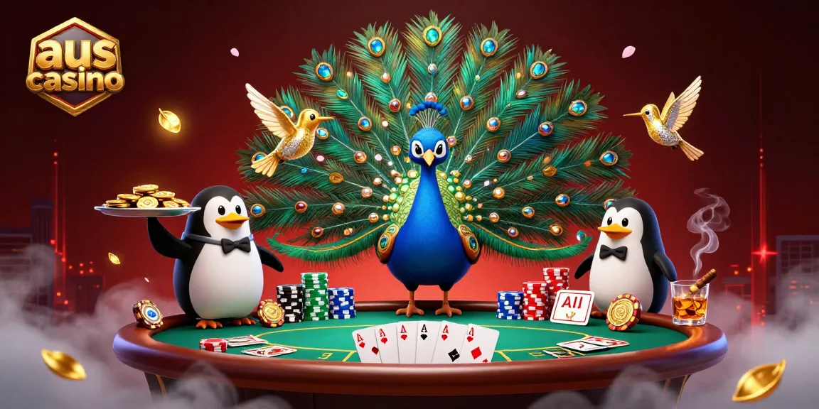 Experience exciting gameplay with aus casino's vibrant 3D scene of poker, chips, and characters.