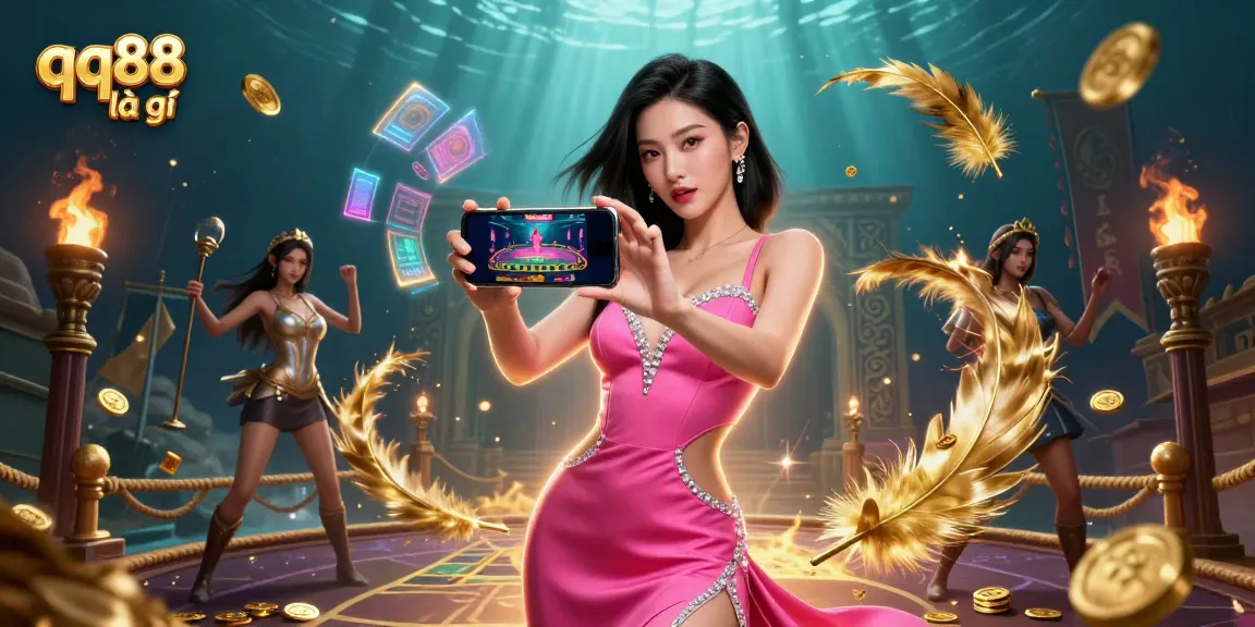 Experience qq88 là gì with a vibrant 3D illustration showcasing a woman engaging with a live dealer game and dynamic casino elements.