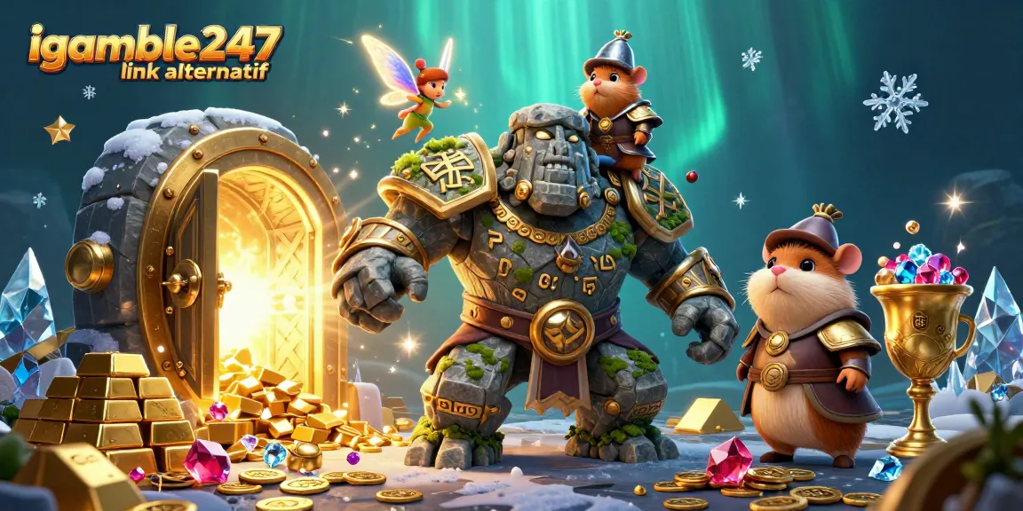 Akses igamble247 link alternatif secara cepat dan stabil dalam ilustrasi kasino 3D yang menampilkan karakter magis dan elemen permainan yang berkilauan.