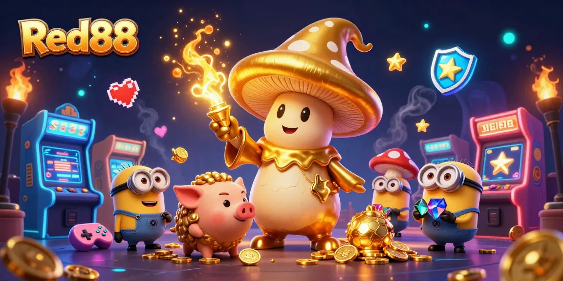 Red88 transforms gameplay with a magical golden wizard and treasure-hunting pig, surrounded by colorful arcade elements.