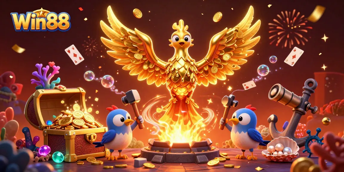 Win88 casino features a molten golden phoenix and treasure elements dazzling in a vibrant 3D setting.