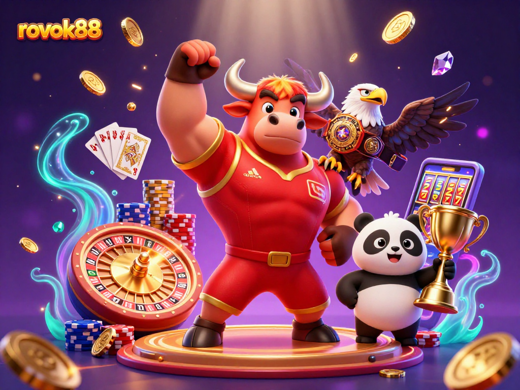 Experience the thrill of rokok88 with a victorious bull mascot and casino elements in action.