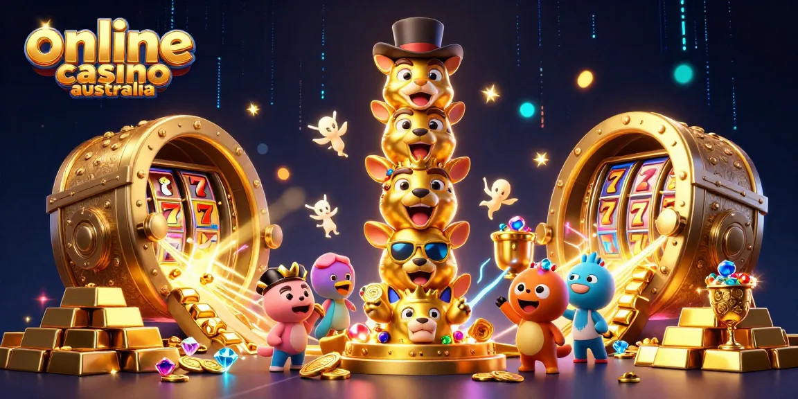 Experience excitement at an online casino Australia with vibrant 3D illustrations of packed treasures and a golden totem.