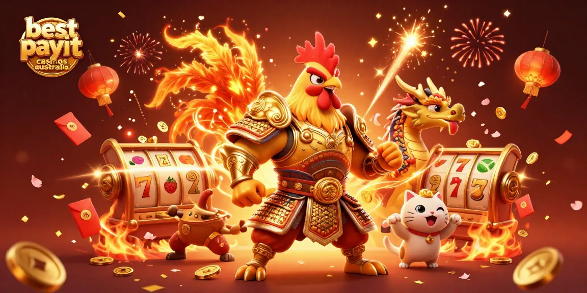Engage with the best payout casinos australia through this vibrant illustration of a rooster warrior, dragon hatchling, and lucky cat amidst energetic casino elements.