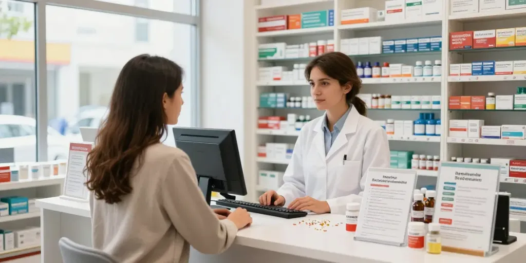 Pharmacy scene showing legal anabolic steroids for sale in Italy, emphasizing safe purchases and professional assistance.