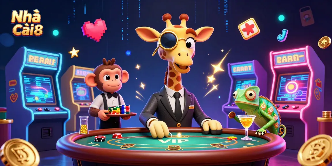 Engage in thrilling casino action with Nhà cái s8 while high-roller giraffe and friends celebrate at a dynamic poker table.