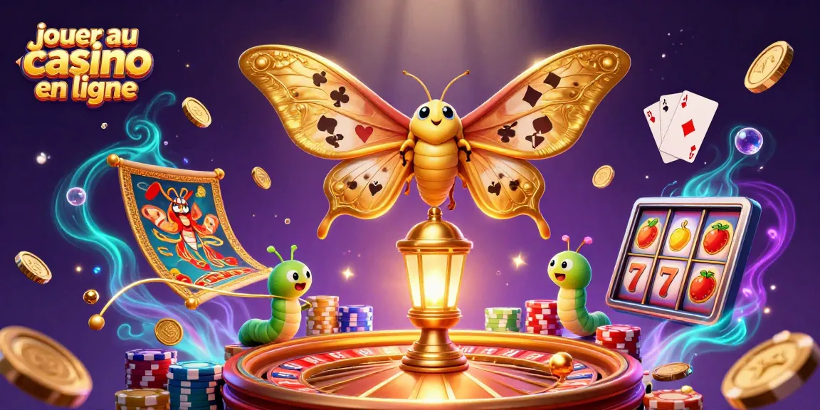 Jouer au casino en ligne avec des éléments colorés et dynamiques comme une chenille d'illustration 3D et des pièces dorées.