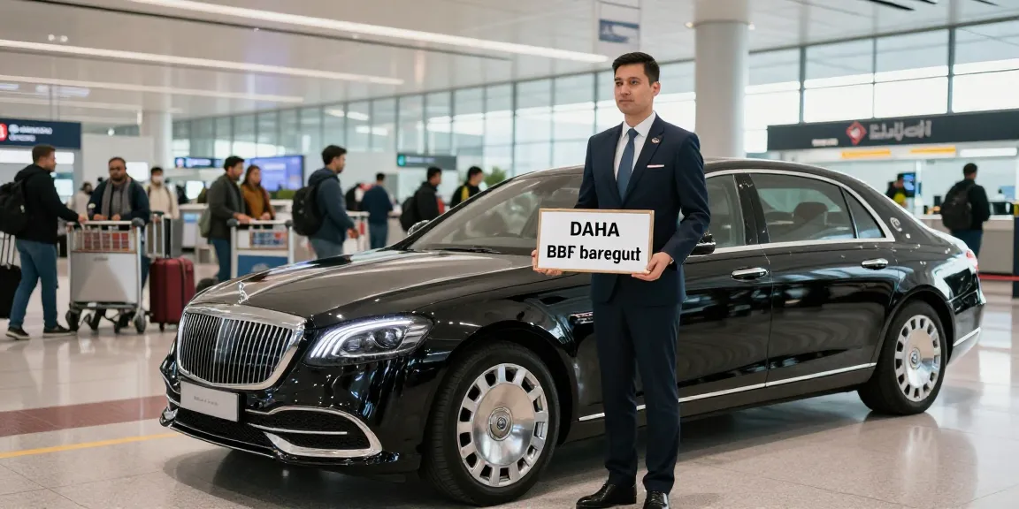 Chauffeur service at Dubai airport awaits travelers with professionalism and reliability, showcasing luxury vehicle.