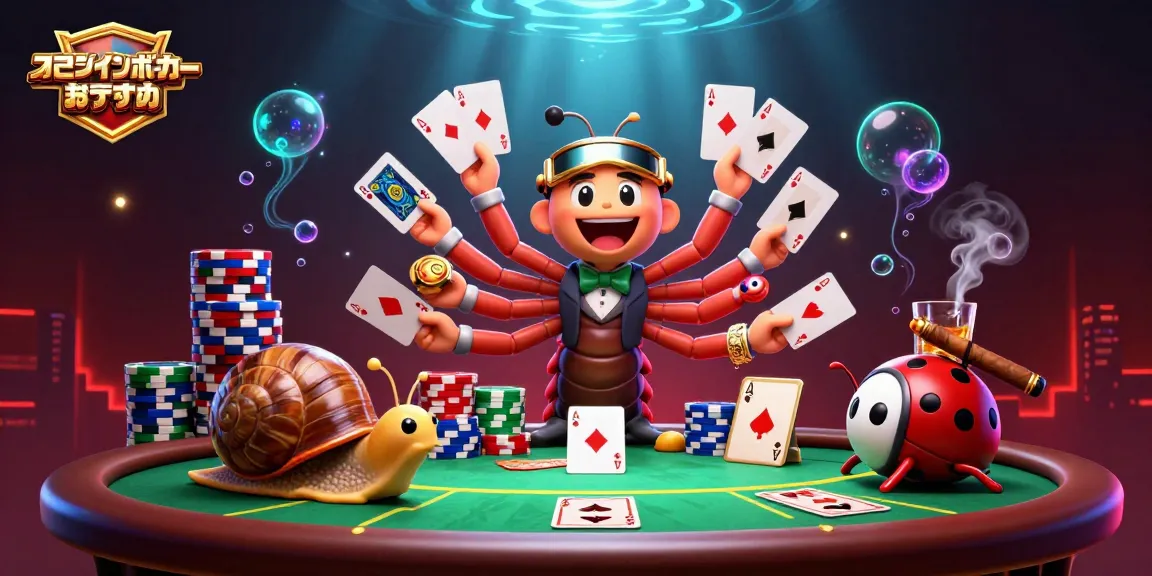オンラインポーカー おすすめの魅力を引き立てる、カラフルなポーカーチップと多様なキャラクターが描かれたビジュアル