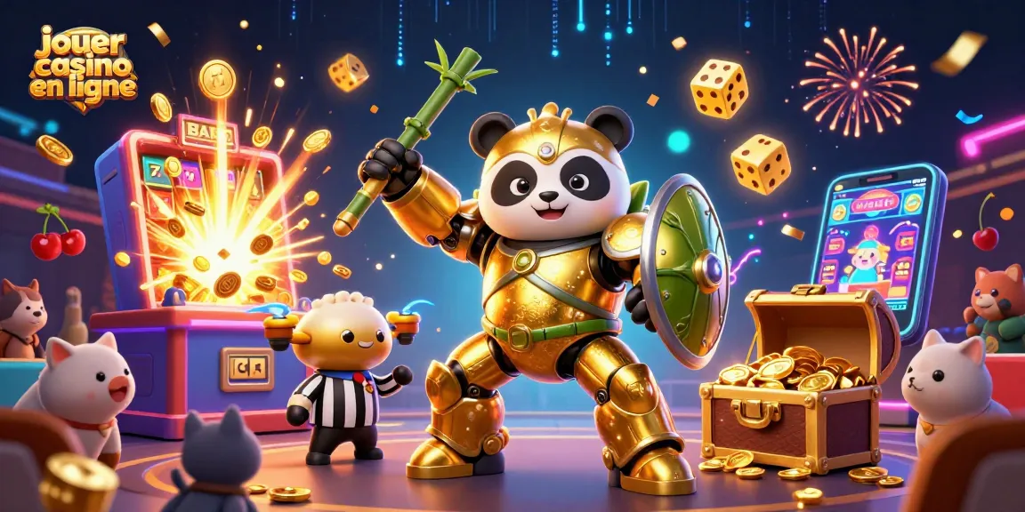 Jouer au casino en ligne avec une illustration 3D dynamique de panda doré et robot dans un environnement de casino