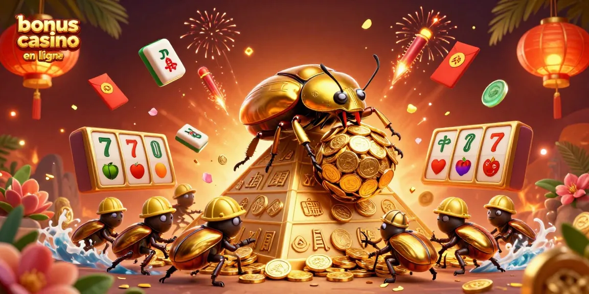 Visualisez le bonus de casino en ligne avec un scarabée doré et des jetons colorés.