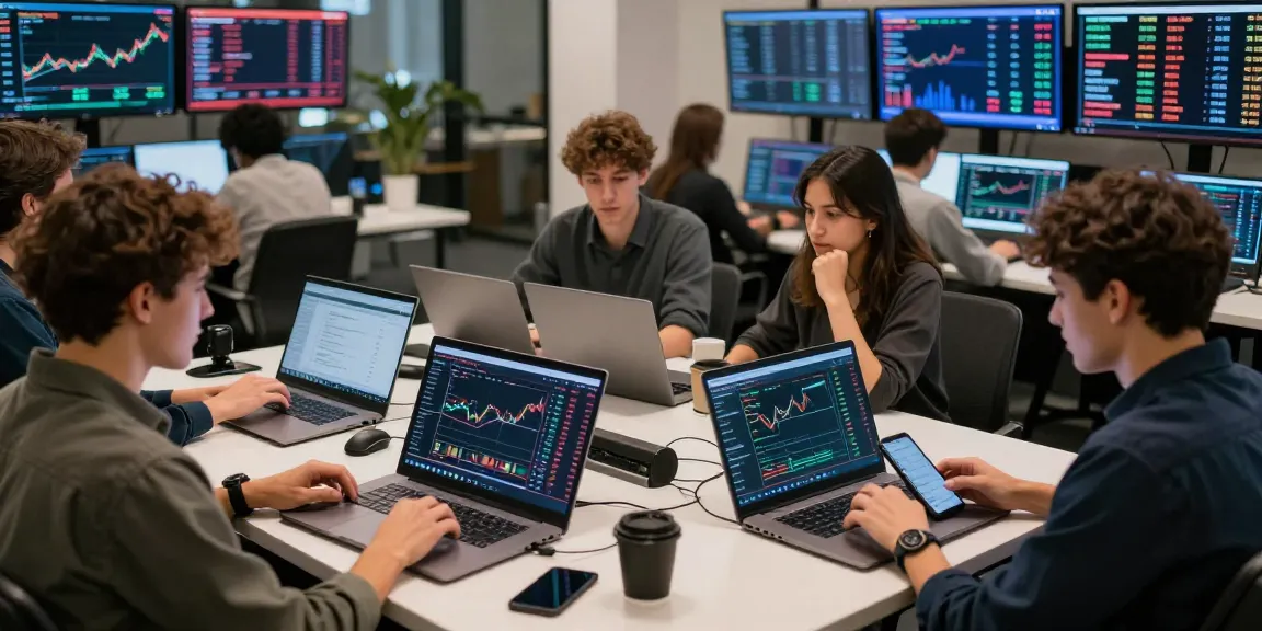 Engaged individuals analyzing okx reviews and trading data in a vibrant cryptocurrency marketplace
