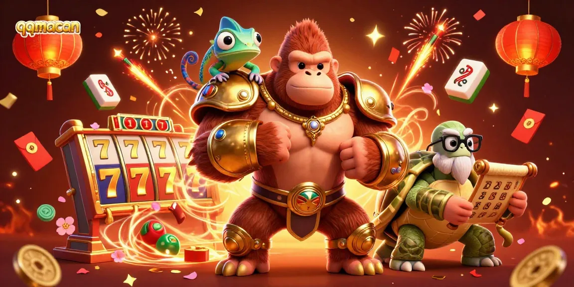 qqmacan showcases a powerful gorilla king and friends in a vibrant casino-themed illustration.