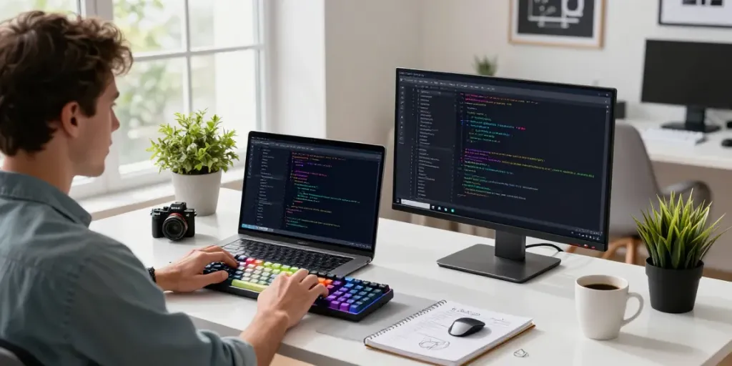 Developer coding open-source Android apps from h5.2113.net in a modern workspace.