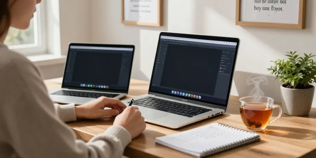 Write content with AI in a cozy home office, featuring a writer focused on their laptop.
