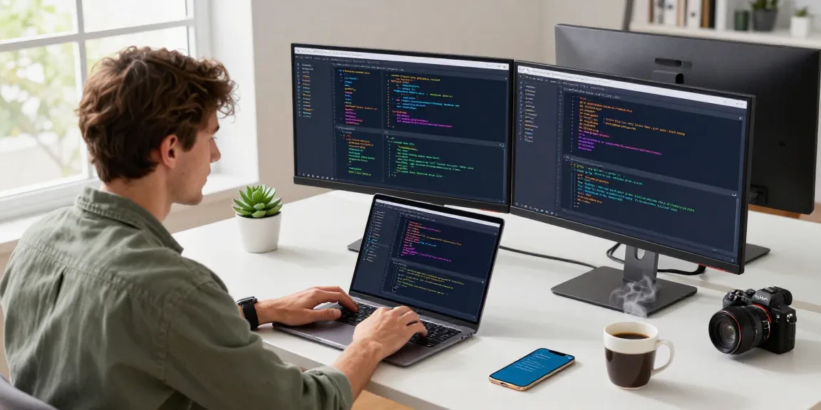 快连 software developer coding in modern workspace with dual monitors, natural light and innovative atmosphere.