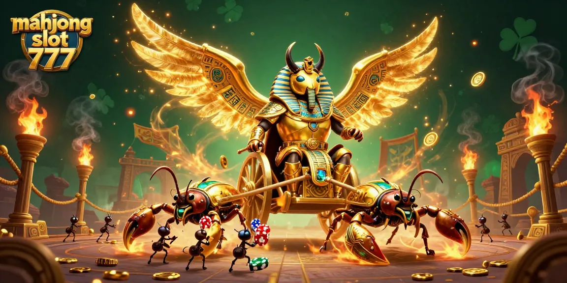 Spin to win in a vibrant scene of mahjong slot 777, featuring a golden beetle, scorpions, and poker chips.