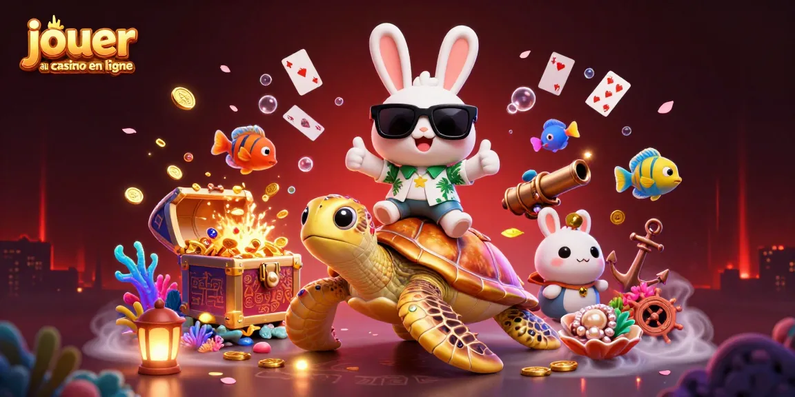 Jouer au casino en ligne avec un adorable lapin chanceux et une tortue dorée entourés d'éléments marins colorés