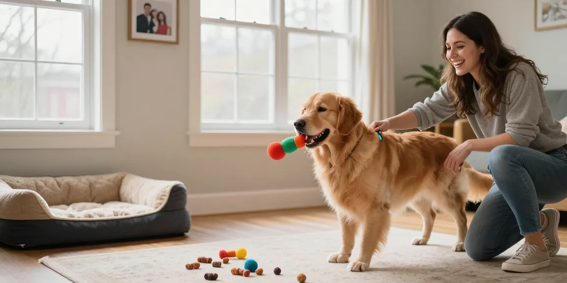 Dog training session with NAGA2000: owner teaching golden retriever to fetch indoors amidst playful ambiance