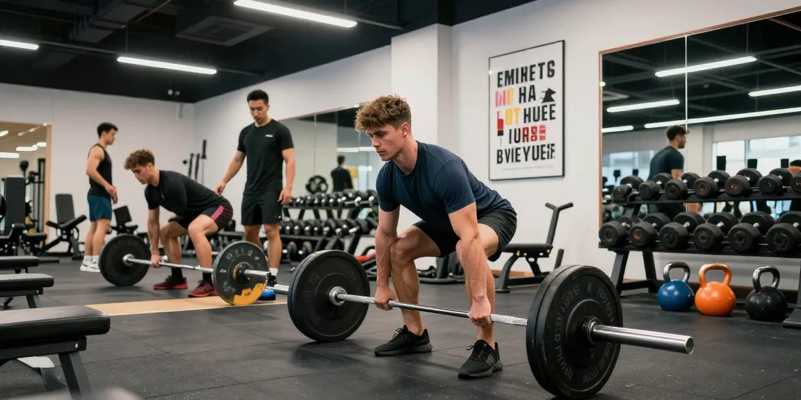 Driada Shop's fitness scene featuring an athletic man deadlifting in a modern gym.