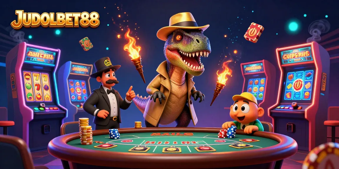 Experience JUDOLBET88 with a vibrant casino scene featuring a velociraptor card counter and amusing characters.