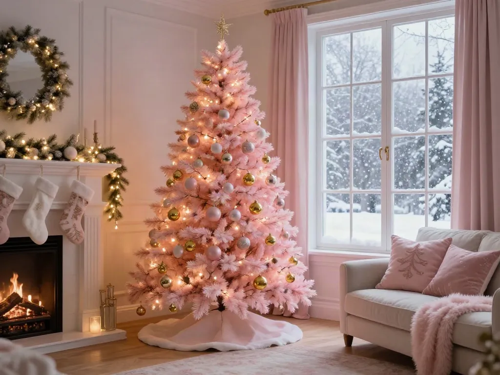 Elegant pink pre lit xmas trees adorning a cozy living room with festive decorations.
