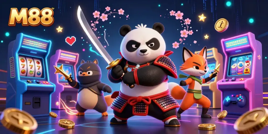 M88 slots come alive with a cartoon samurai panda and ninja fox in a vibrant casino setting.