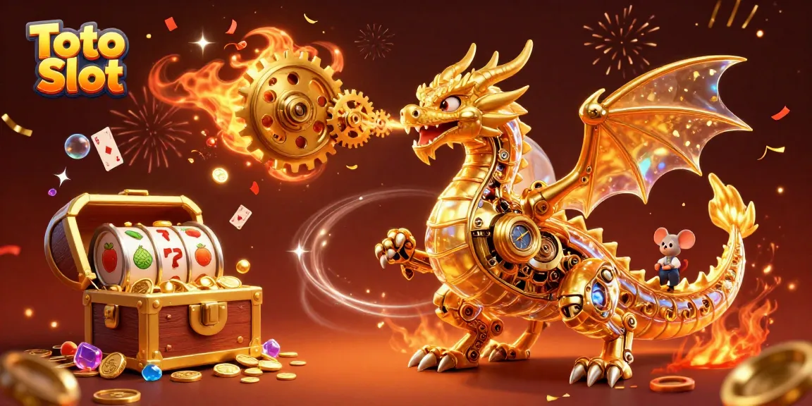 Toto Slot menampilkan naga emas mekanik dan simbol buah slot berkilau dalam desain yang cerah.