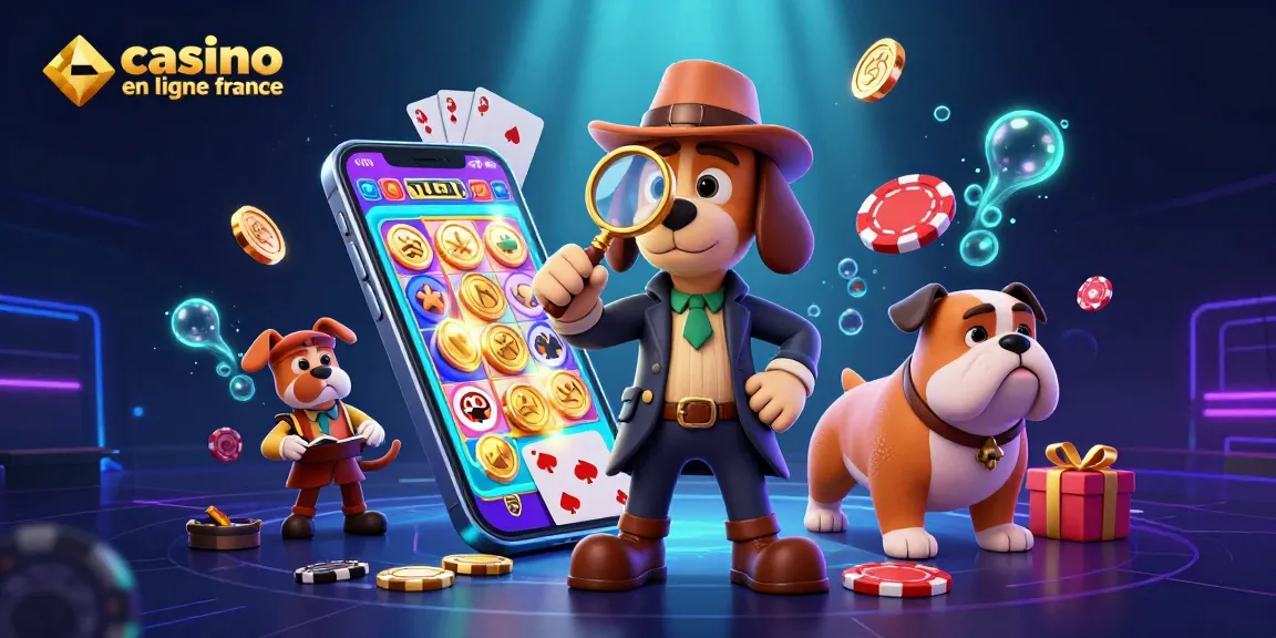 Examinez les stratégies gagnantes au casino en ligne France avec un détective et un chiot au milieu d'éléments de jeu vibrants.