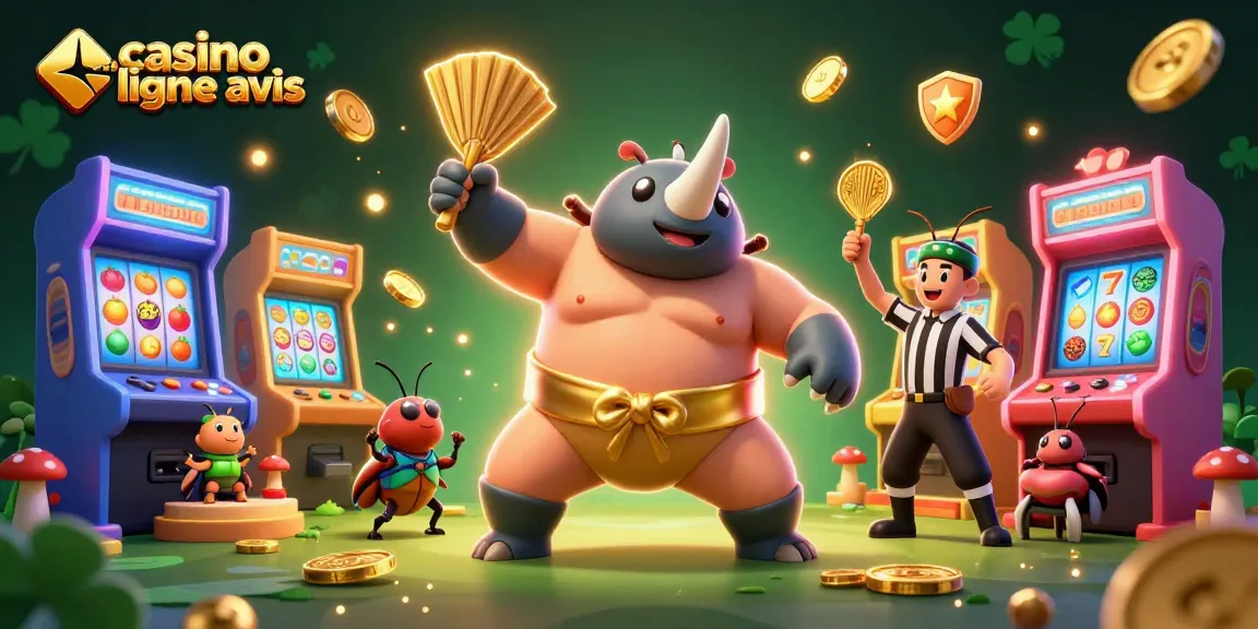 Casino en ligne avis : Illustration dynamique d'un scarabée rhinocéros sumo au casino, avec des machines à sous et des pièces d'or.