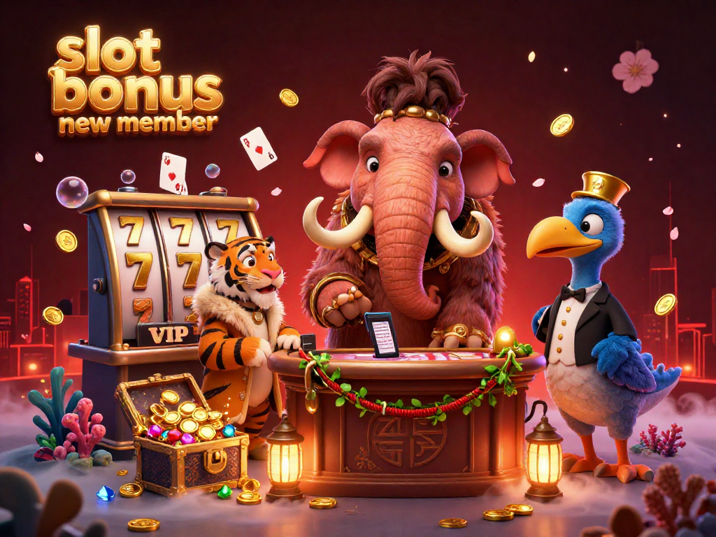 Experience the excitement of slot bonus new member promotions in a vibrant casino scene with playful characters.