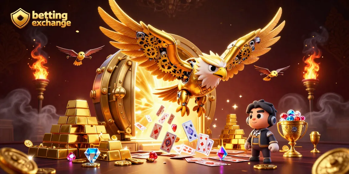 Betting exchange scene with a cybernetic eagle and drone falcons diving through holographic cards.