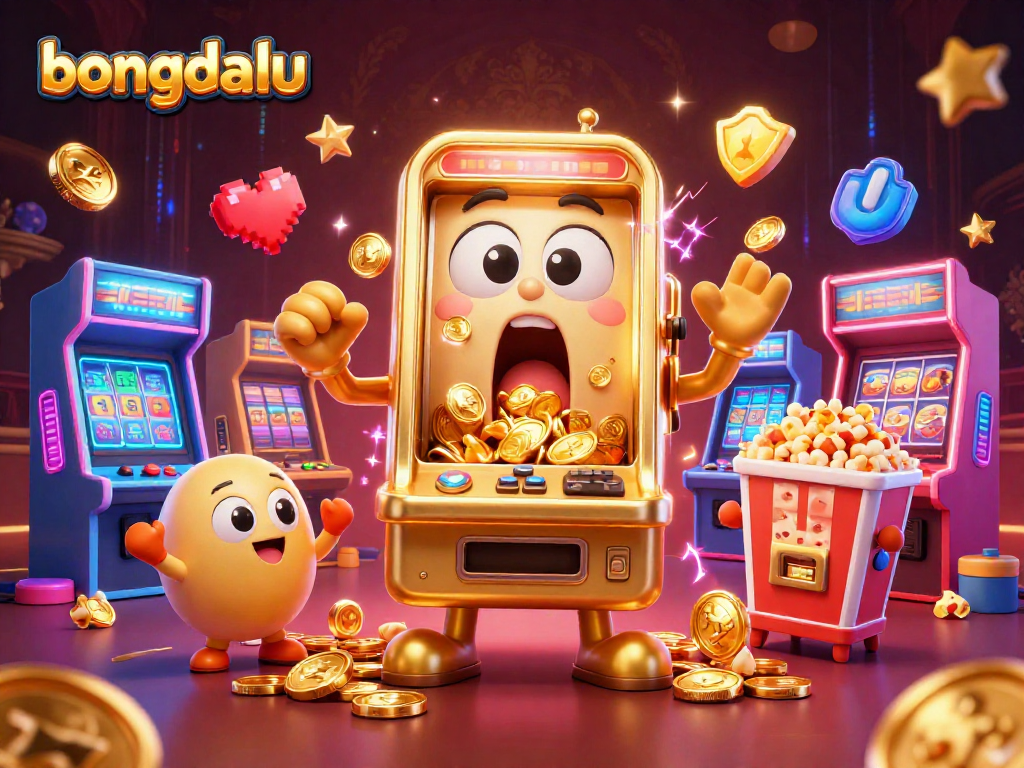 Experience the excitement of bongdalu with a golden slot machine celebrating its jackpot amidst vibrant arcade elements.