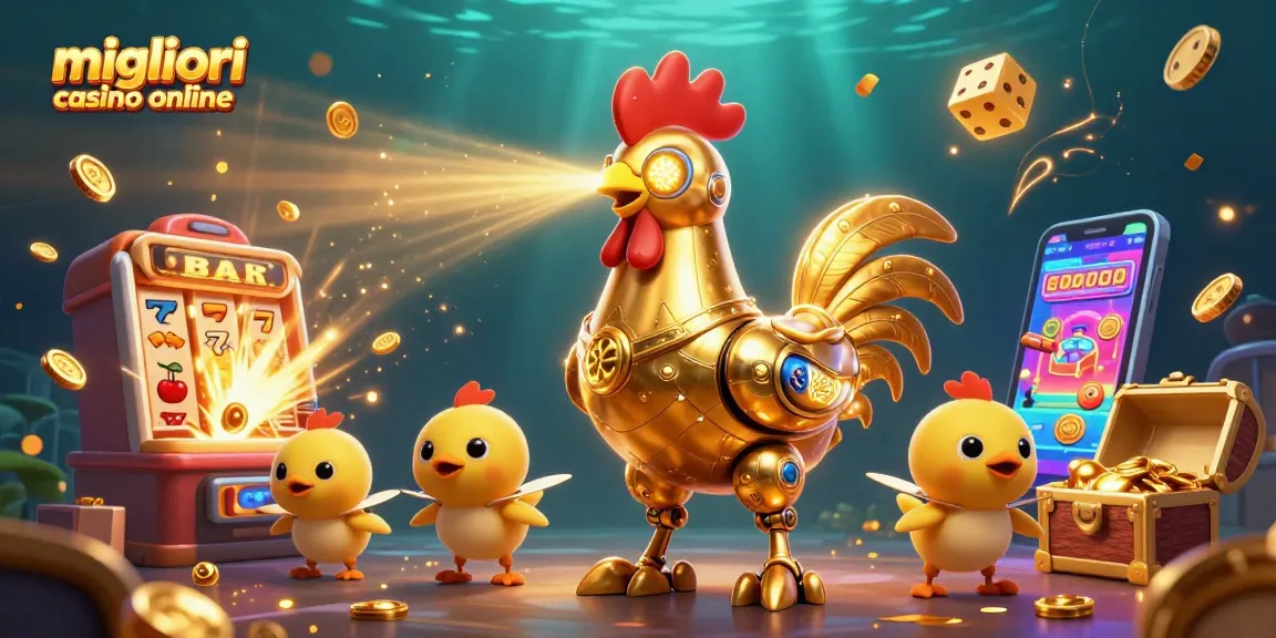Scopri i migliori casino online con un robot dorato e una slot che esplode di monete.
