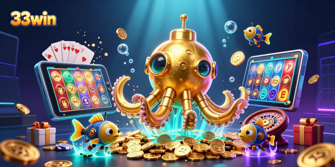 Win big with 33win in a vibrant casino scene featuring a golden kraken and mechanical fish.