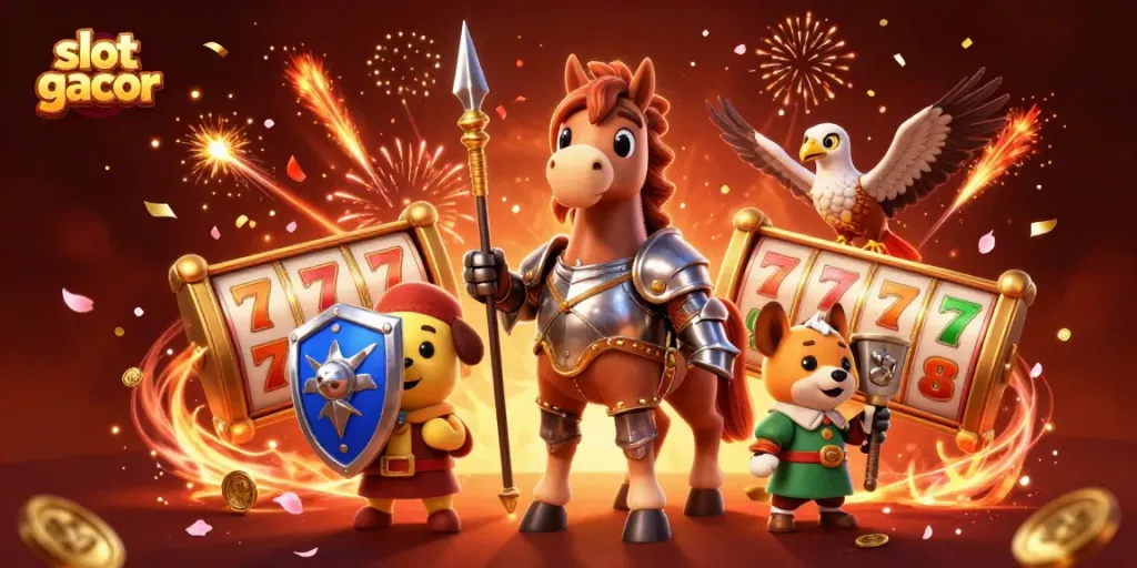 Experience thrilling slot gacor excitement with a knight, squire, and falcon in a festive casino illustration.