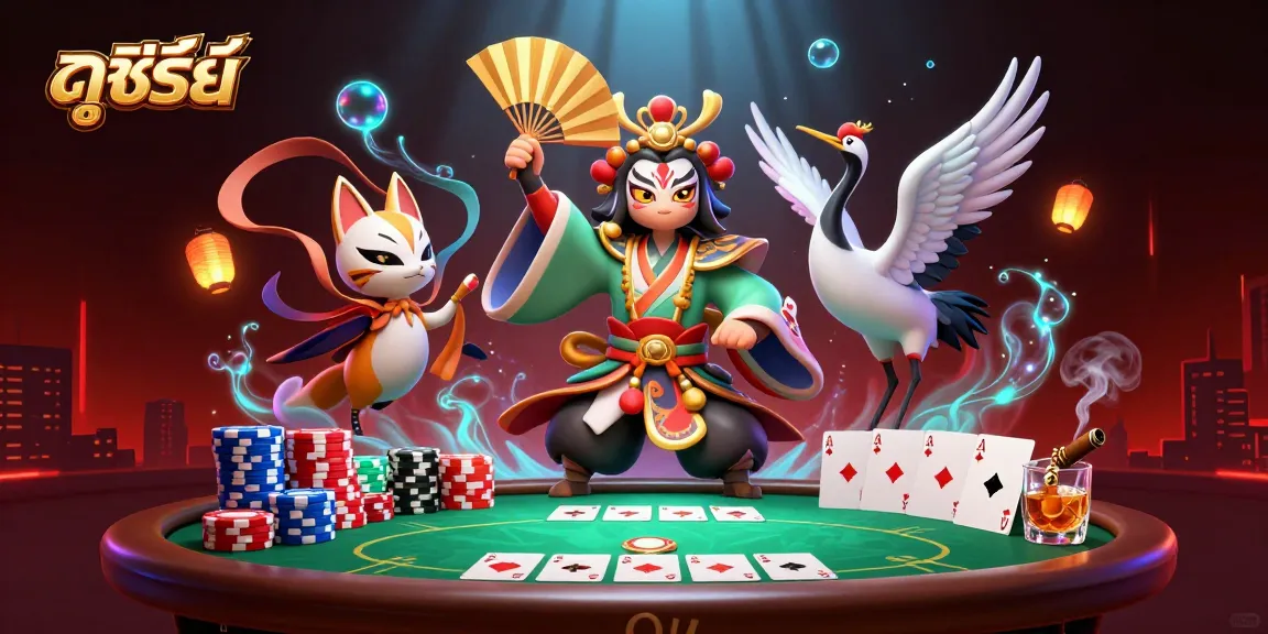 Experience ดูซีรี่ย์ in a vibrant casino atmosphere with kabuki characters surrounded by poker elements.