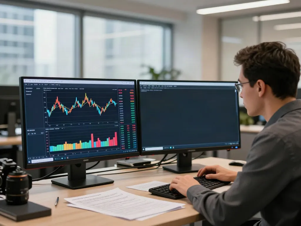 Trader analyzing TradingView charts in a modern office.