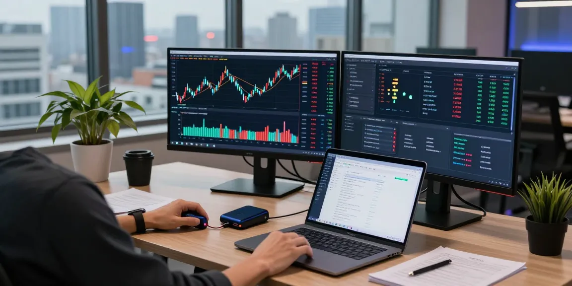 Funexchange - Cryptocurrency trading scene with live market analysis and DeFi yield farming strategies displayed on multiple screens in a modern workspace.