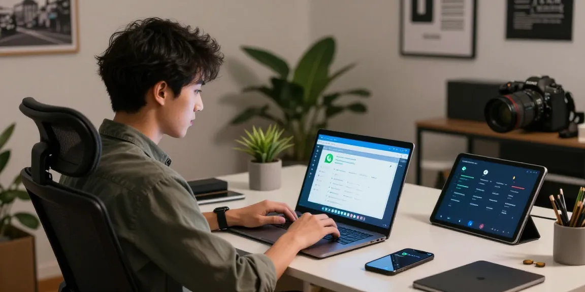 Young professional using WhatsApp網頁版 on laptop in a modern workspace