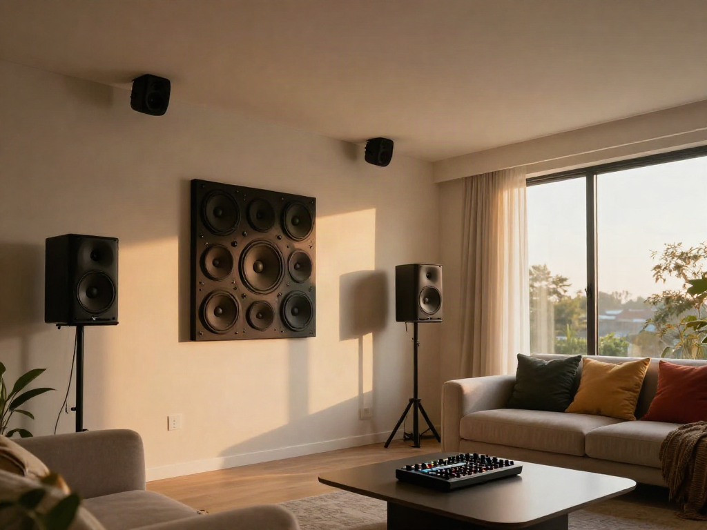 Adjusting اسپیکر سقفی during a cozy home audio setup.