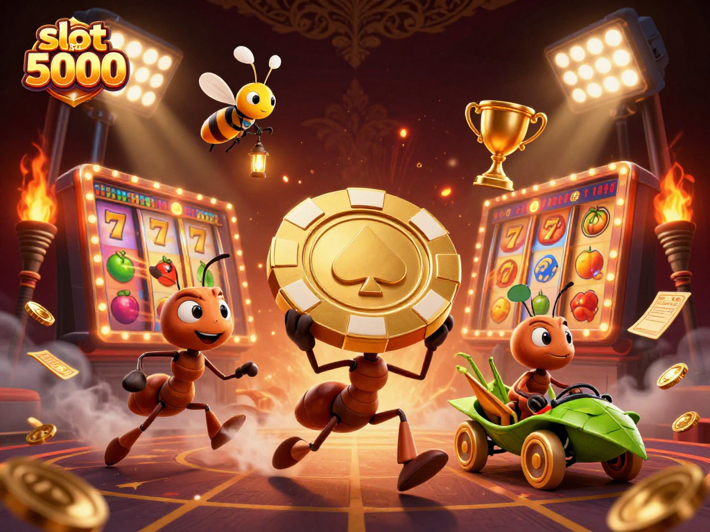 Engaging scene of ants heisting a golden poker chip in a vibrant casino atmosphere, featuring slot deposit 5000 elements.