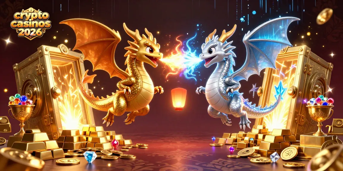 Jouez sur des crypto casinos 2026 avec une illustration dynamique de dragons et des trésors étincelants.
