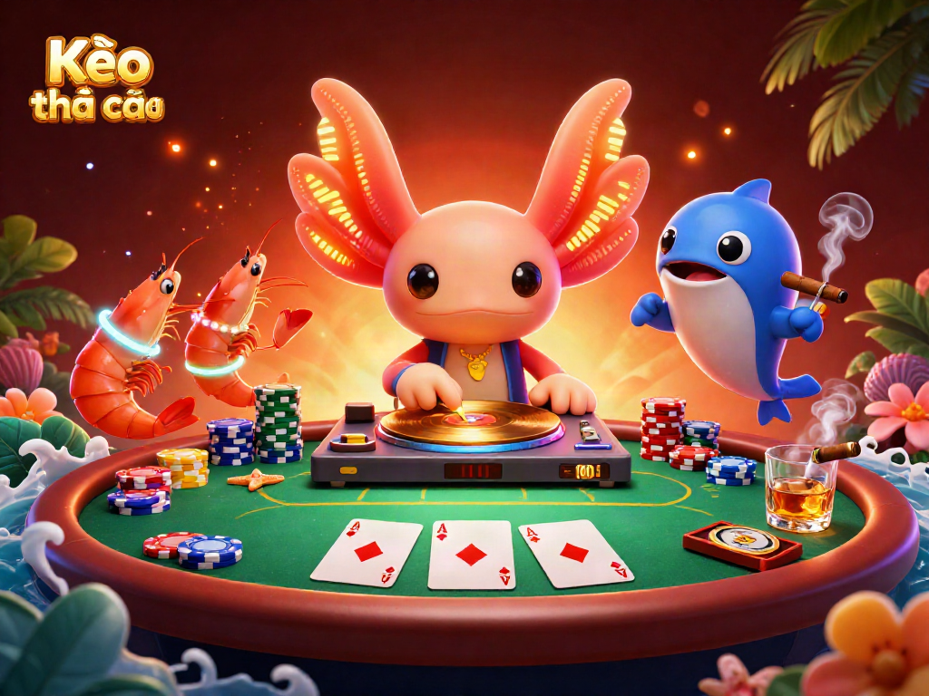 Kèo nhà cái showcases a vibrant 3D scene of casino fun with a DJ and poker elements.