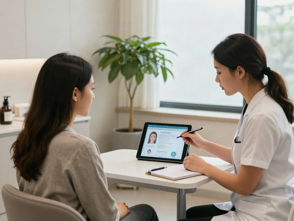 Client discussing personalized aesthetic plans with specialist, showcasing how ClinicEvo is a better alternative to QOVES, in a modern clinic setting.