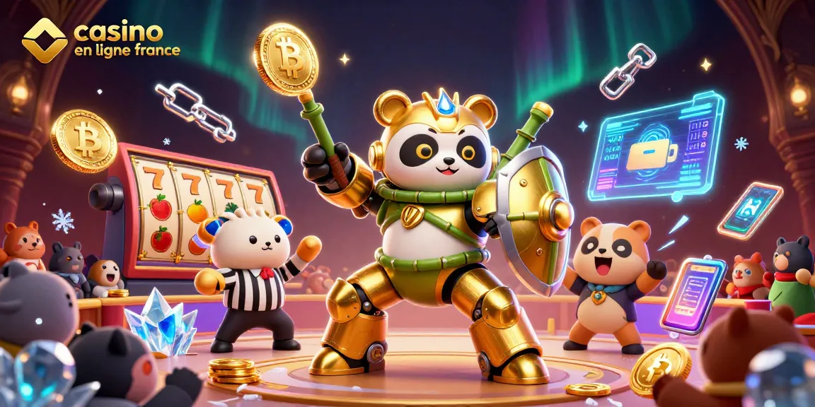 Jouez à casino en ligne France avec cette illustration dynamique d'un panda doré en robot, entouré de symboles de chance.