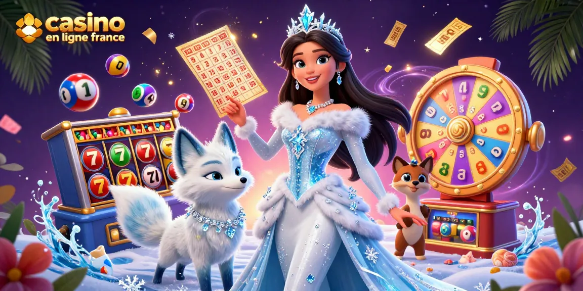Experience excitement at casino en ligne france with vibrant slot reels and a captivating winter-themed scene.